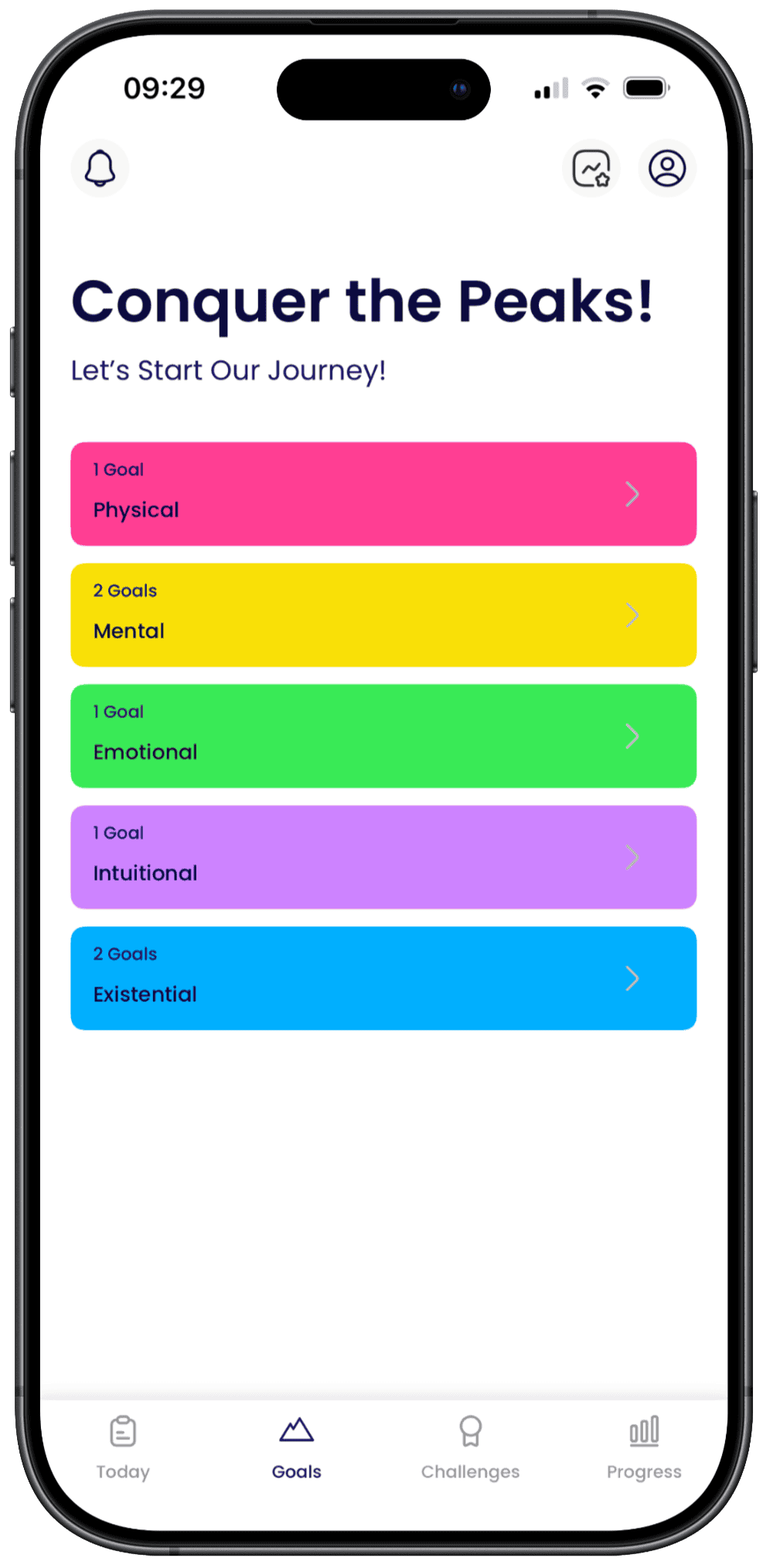 Holistic Cloud goals screen with suggested and self-created goals across five dimensions.