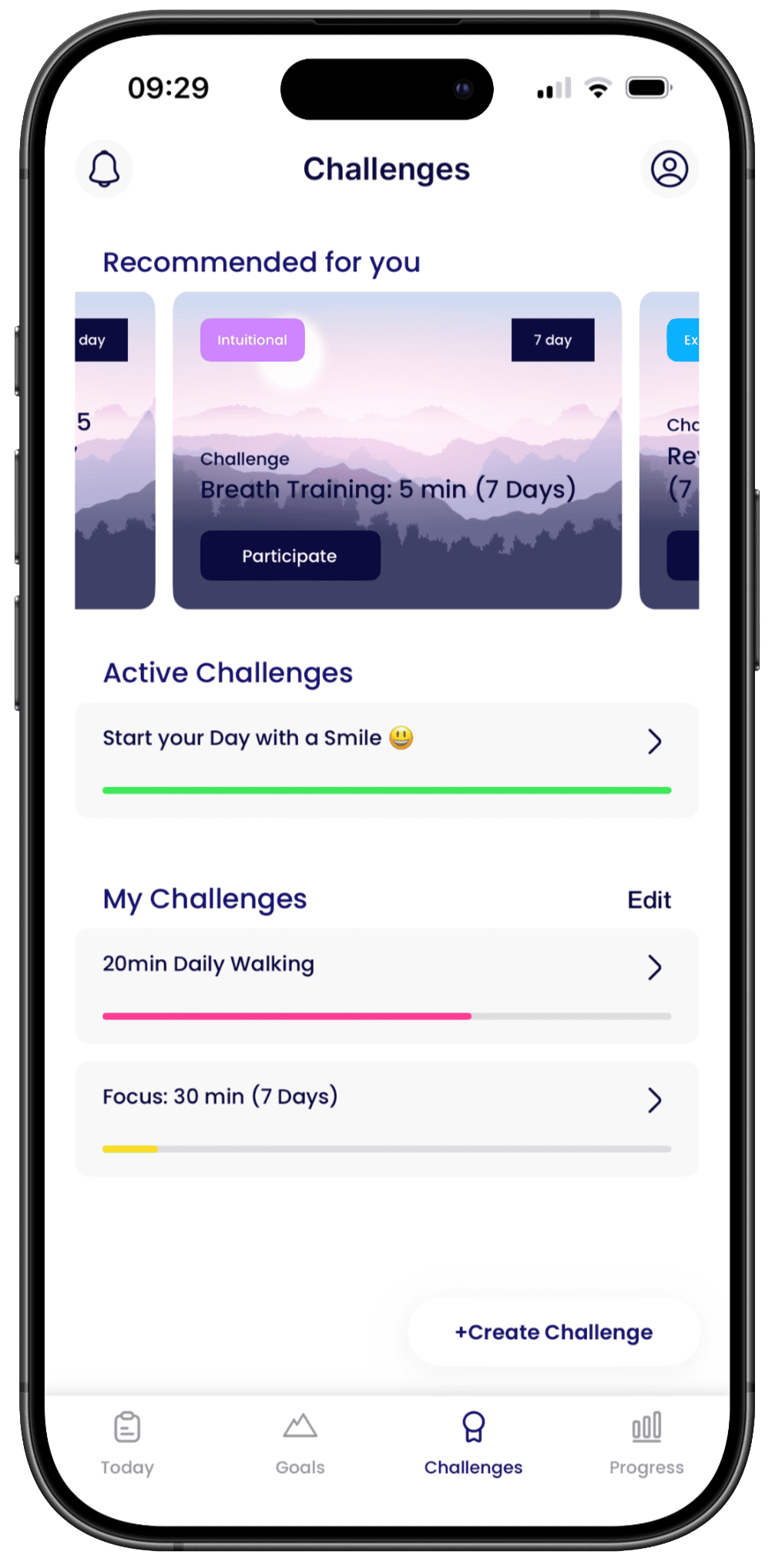 Holistic Cloud challenges screen with suggested, active, and shared personal challenges.