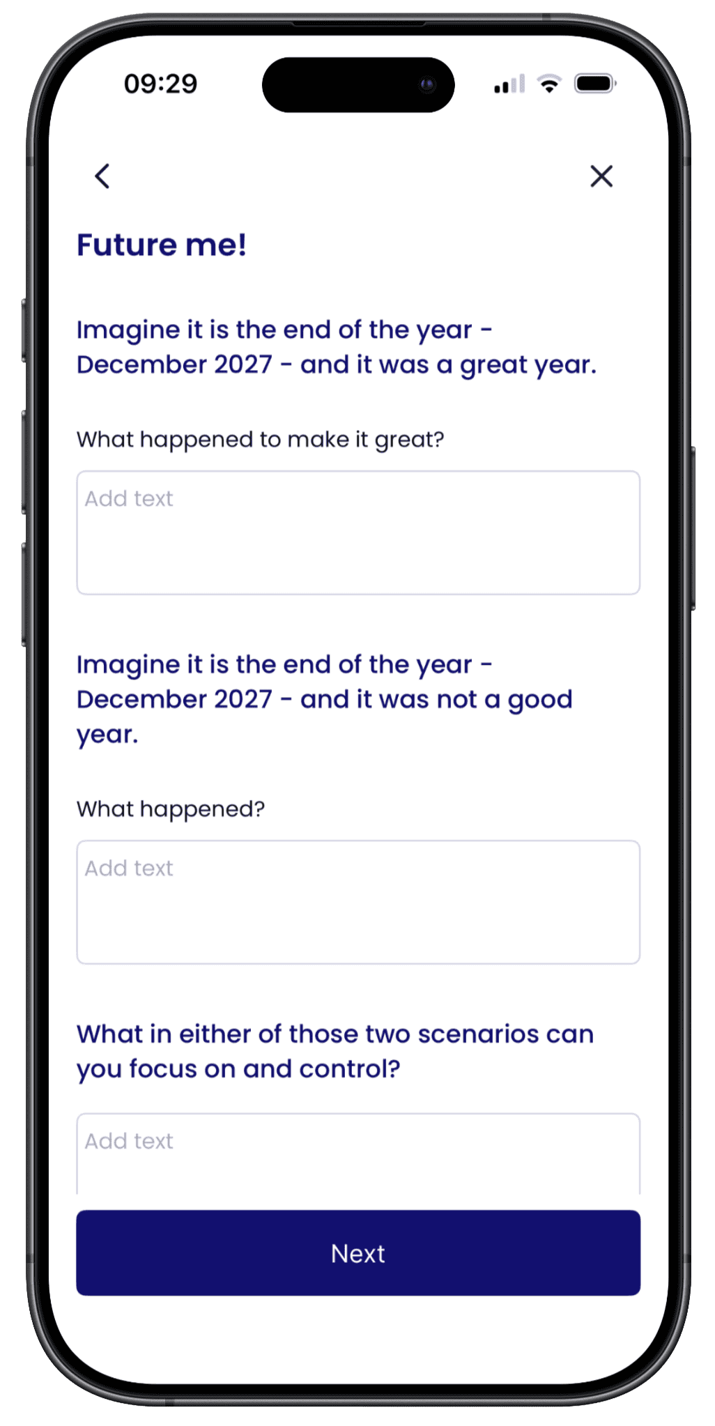Holistic Cloud Future Me screen with year-end reflection prompts.