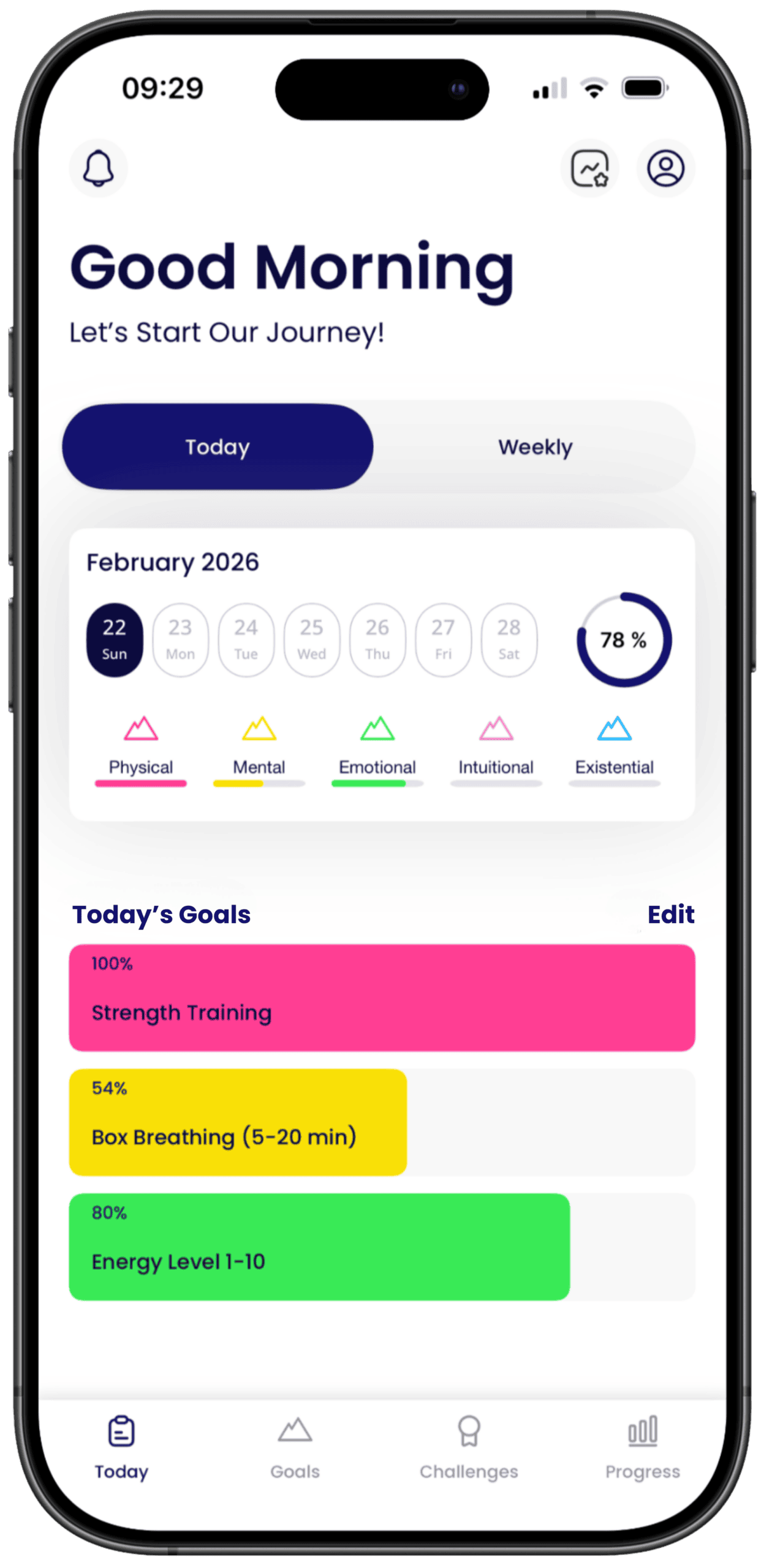 Holistic Cloud dashboard showing today's goals, current progress, and the five dimensions.